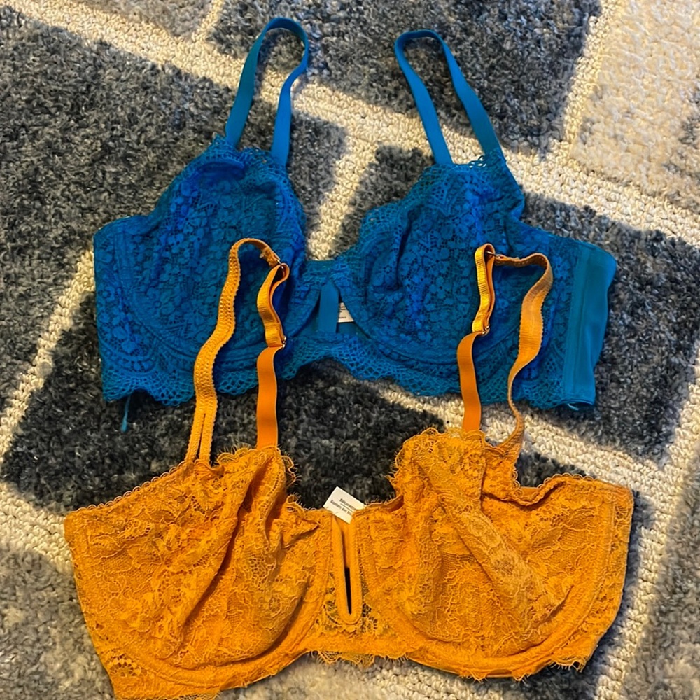 2 Lace Underwire Bras Ambrielle Large Auden 36 D Blue Marigold Unlined Bundle